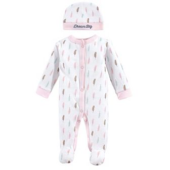 Luvable Friends Baby Girl Cotton Preemie Snap Sleep and Play and Cap 2 pc Set, Feathers, Preemie