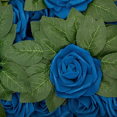 Artificial Flowers with 60 Blue Foam Roses, 60 Stems, and 16 Leaf Bundles for Crafts (3 In, 136 Pieces)