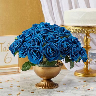 Artificial Flowers with 60 Blue Foam Roses, 60 Stems, and 16 Leaf Bundles for Crafts (3 In, 136 Pieces)
