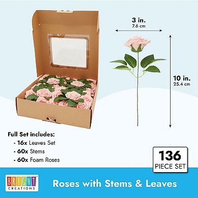 Artificial Peach Flowers Bulk, 60 Foam Roses,  60 Stems, and 16 Leaf Bundles for Crafts (136 Piece Set)