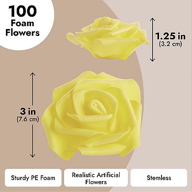 100 Pack Yellow Artificial Flowers, Bulk Stemless Fake Foam Roses, 3 In