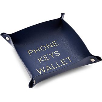 Mens Navy Blue Leather Catchall Valet Tray for Phone, Keys, Wallet, 6.9 x 2.2 In