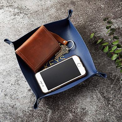 Mens Navy Blue Leather Catchall Valet Tray for Phone, Keys, Wallet, 6.9 x 2.2 In