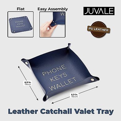 Mens Navy Blue Leather Catchall Valet Tray for Phone, Keys, Wallet, 6.9 x 2.2 In
