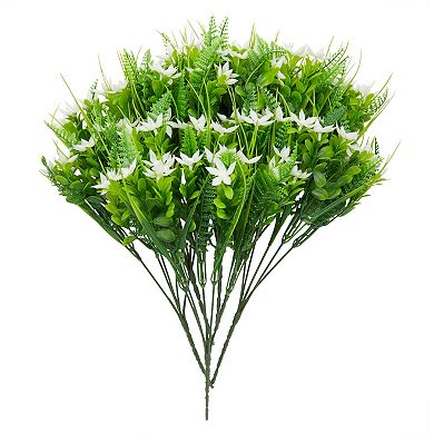 White Artificial Flowers, Jasmine Shrub with 2 Cone Vases for Cemetery (8.6 x 13 In, 6 Bundles)