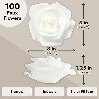 100 Pack White Artificial Flowers, Bulk Stemless Fake Foam Roses, 3 In
