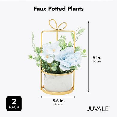 Faux Hydrangea Flowers and Ceramic Planter with Stand, Artificial Potted Plants