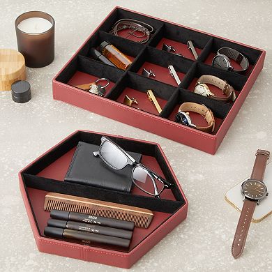 Set of 2 Faux Leather Valet Tray for Men, Customizable Catch All Trays for Keys, Wallet, Watch (2 Shapes, Red)