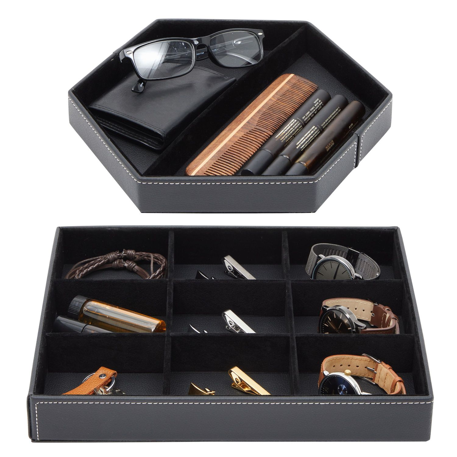 Men's Watch 8 Slot Jewelry Box Valet Tray Organizer with Drawer  Charging Station