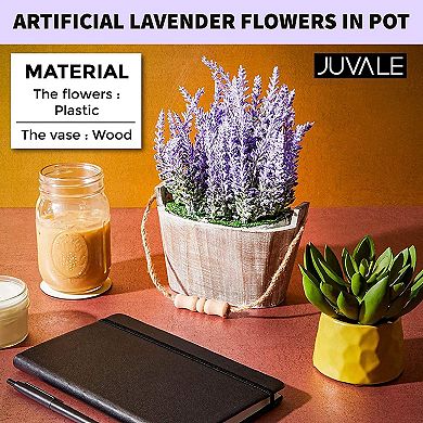 Juvale Artificial Lavender Plant in Rustic Oval Wooden Box (6.5 x 3.5 in.)