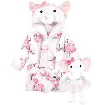 Hudson Baby Infant Girl Plush Bathrobe and Toy Set, White Elephant, One Size
