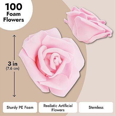 100 Pack Pink Artificial Flowers, Bulk Stemless Fake Foam Roses, 3 In