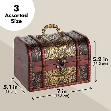 Set of 3 Small Wooden Treasure Chest Boxes with Flower Motif for Keepsakes