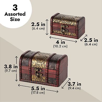 Set of 3 Small Wooden Treasure Chest Boxes with Flower Motif for Keepsakes