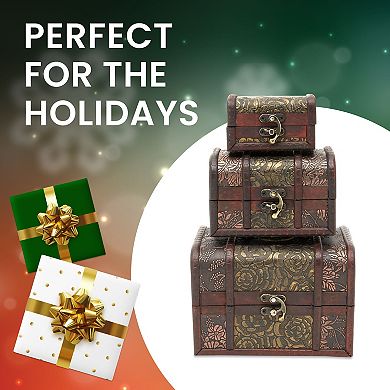 Set of 3 Small Wooden Treasure Chest Boxes with Flower Motif for Keepsakes