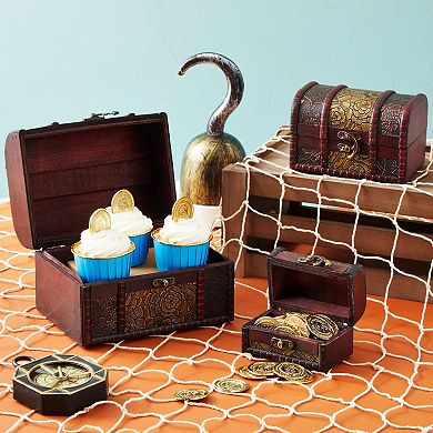 Set of 3 Small Wooden Treasure Chest Boxes with Flower Motif for Keepsakes