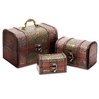 Set of 3 Small Wooden Treasure Chest Boxes with Flower Motif for Keepsakes