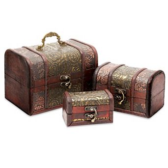 Set of 3 Small Wooden Treasure Chest Boxes with Flower Motif for Keepsakes