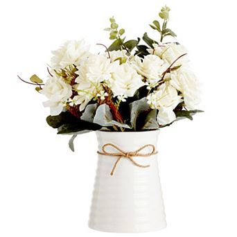 Artificial Flowers with Ceramic Vase, White Roses (4 Pieces)