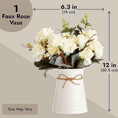 Artificial Flowers with Ceramic Vase, White Roses (4 Pieces)