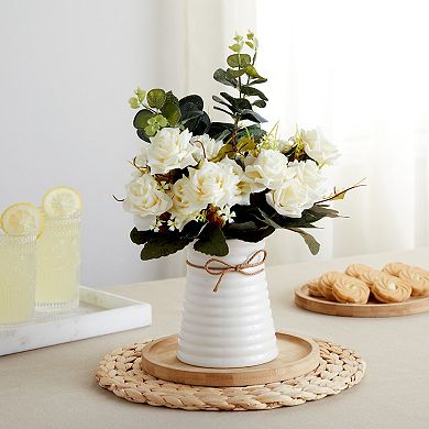 Artificial Flowers with Ceramic Vase, White Roses (4 Pieces)