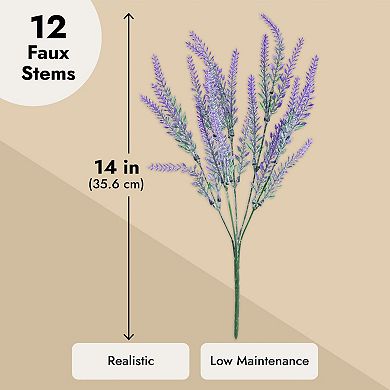 12 Bundles Artificial Lavender Flowers For Faux Bouquets, Fake Wild Stems, 14x2"