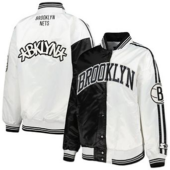 Women's Starter Black/White Brooklyn Nets Split Colorblock Satin Full-Snap Varsity Jacket