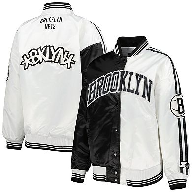 Women's Starter Black/White Brooklyn Nets Split Colorblock Satin Full-Snap Varsity Jacket