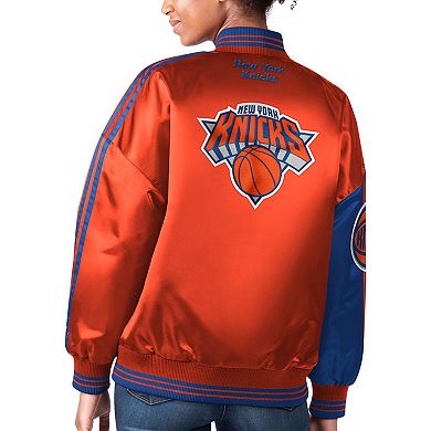 Women's Starter Blue/Orange New York Knicks Split Colorblock Satin Full-Snap Varsity Jacket