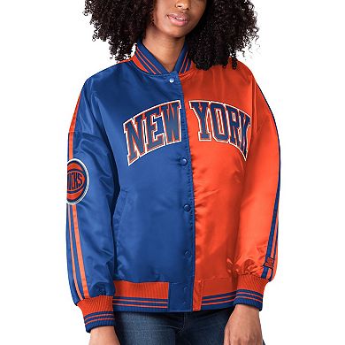 Women's Starter Blue/Orange New York Knicks Split Colorblock Satin Full-Snap Varsity Jacket