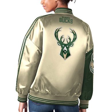 Women's Starter Hunter Green/Cream Milwaukee Bucks Split Colorblock Satin Full-Snap Varsity Jacket