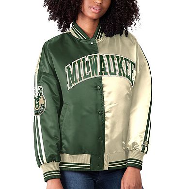 Women's Starter Hunter Green/Cream Milwaukee Bucks Split Colorblock Satin Full-Snap Varsity Jacket
