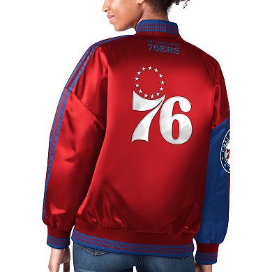Women's Starter Royal/Red Philadelphia 76ers Split Colorblock Satin Full-Snap Varsity Jacket