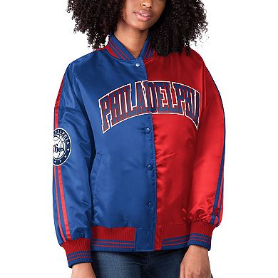 Women's Starter Royal/Red Philadelphia 76ers Split Colorblock Satin Full-Snap Varsity Jacket