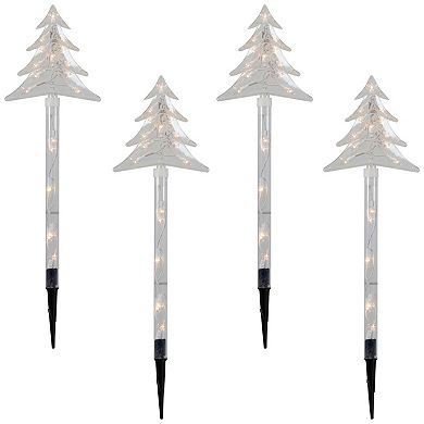 4ct Lighted Christmas Tree Pathway Marker with Lawn Stakes White Wire - Clear Lights