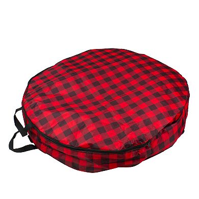 30" Heavy Duty Red and Black Plaid Christmas Wreath Storage Bag with Handles
