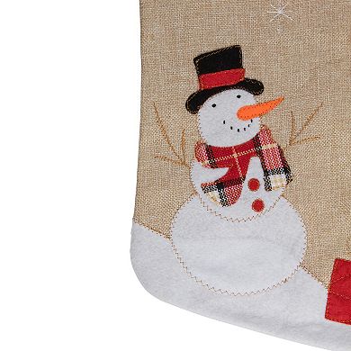 19" Beige and Red Burlap "Let It Snow" Snowman Christmas Stocking