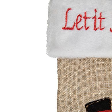 19" Beige and Red Burlap "Let It Snow" Snowman Christmas Stocking