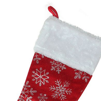 20-Inch Red and Silver Glitter Snowflakes Christmas Stocking With a Faux Fur Accent