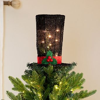 9.25" Lighted Black Tinsel Top Hat Christmas Tree Topper Clear Lights