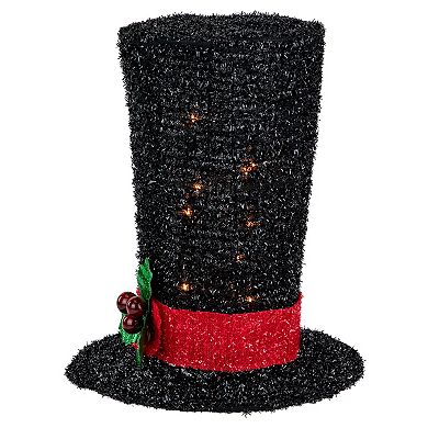 9.25" Lighted Black Tinsel Top Hat Christmas Tree Topper Clear Lights