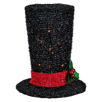 9.25" Lighted Black Tinsel Top Hat Christmas Tree Topper Clear Lights