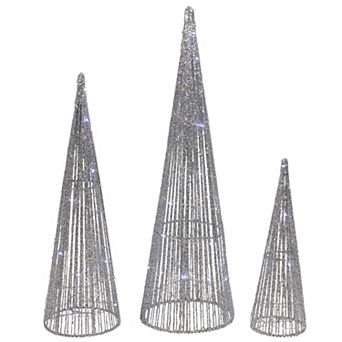 Set of 3 LED Lighted Silver Glitter Cone Tree Outdoor Christmas Decorations 23.5"