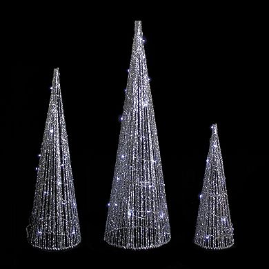 Set of 3 LED Lighted Silver Glitter Cone Tree Outdoor Christmas ...