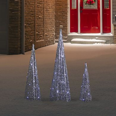 Set of 3 LED Lighted Silver Glitter Cone Tree Outdoor Christmas Decorations 23.5"