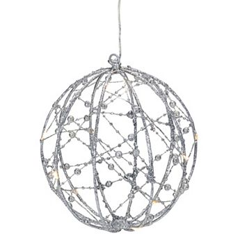 8" LED Lighted Silver Wired Christmas Hanging Ball Decoration - Warm White Lights