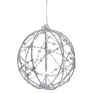 8" LED Lighted Silver Wired Christmas Hanging Ball Decoration - Warm White Lights