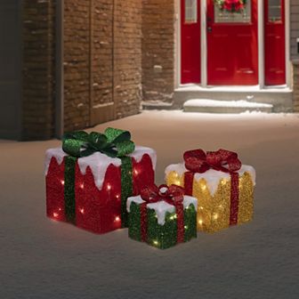Set of 3 LED Lighted Green Gold and Red Snowy Gift Boxes Outdoor Christmas Decorations