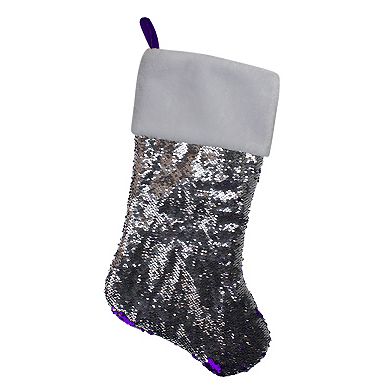 23.25" Purple and Silver Reversible Sequined Christmas Stocking with Faux Fur Cuff
