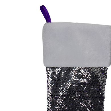 23.25" Purple and Silver Reversible Sequined Christmas Stocking with Faux Fur Cuff